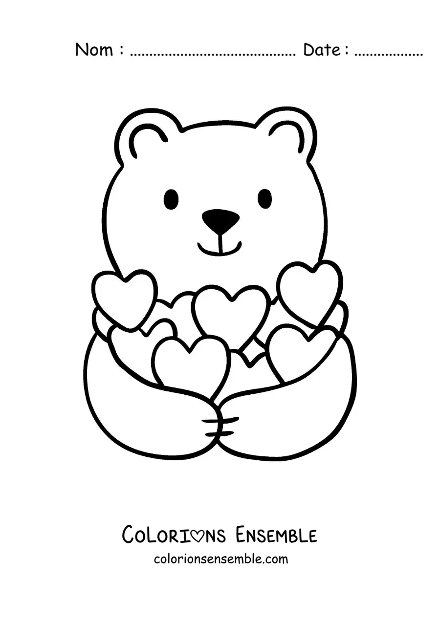 Image à colorier d'un tendre ours entouré de cœurs