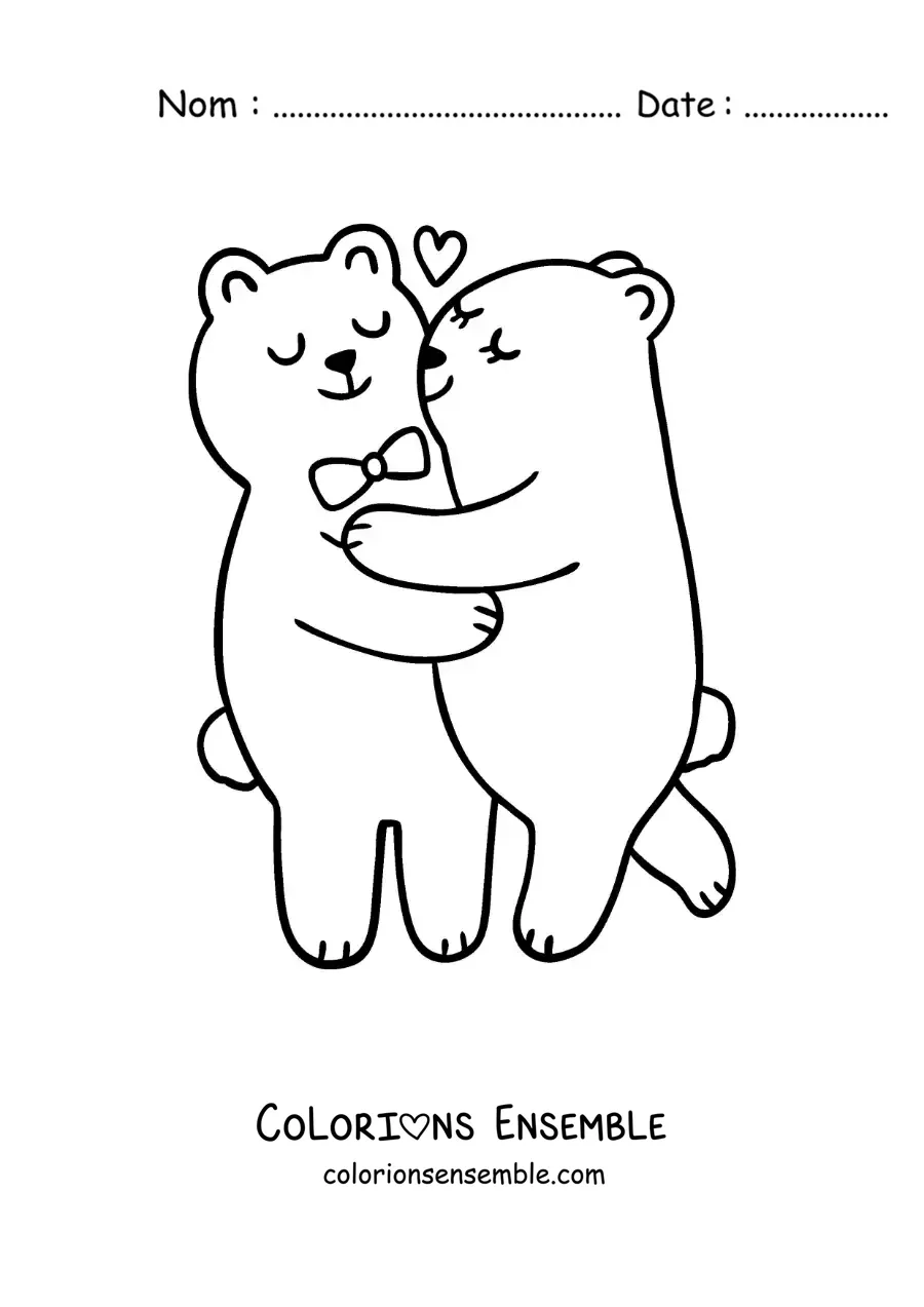 Image à colorier d'un couple d'ours amoureux enlacés