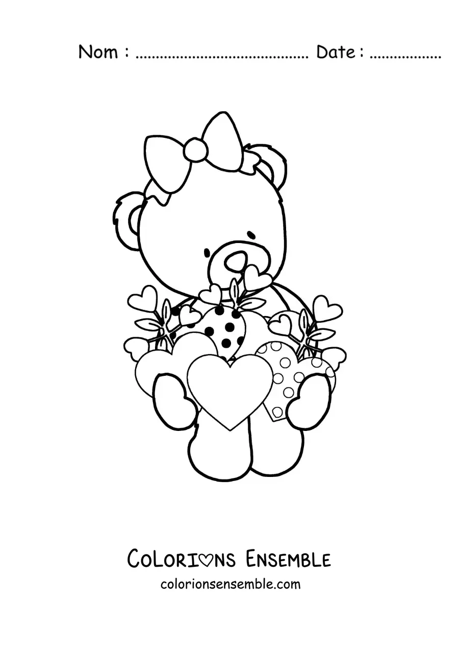 Image à colorier d'une ourse en peluche animée avec des cœurs de la Saint-Valentin
