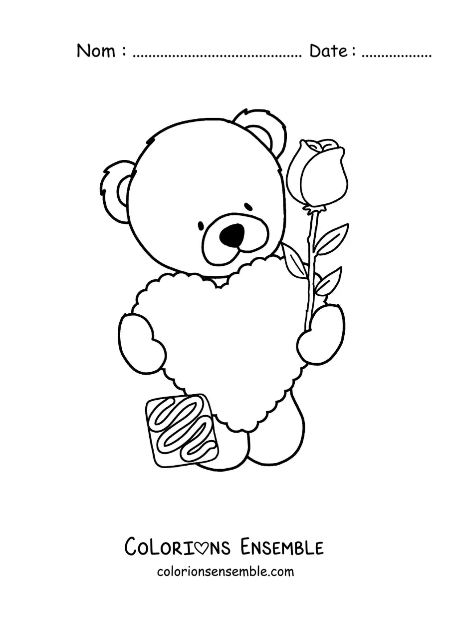 Image à colorier d'un ours en peluche avec un cœur et une rose