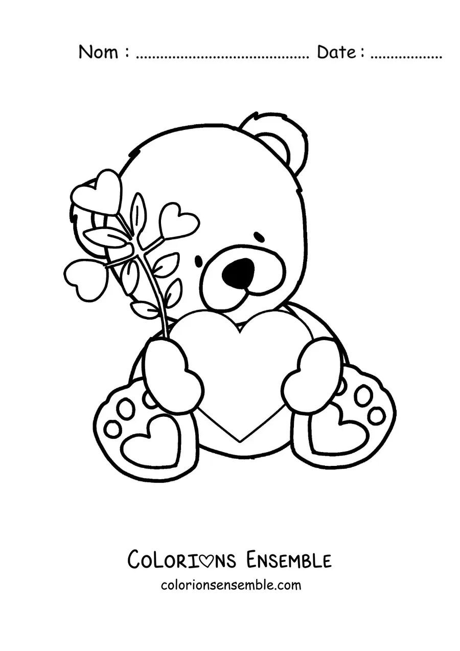 Image à colorier d'un ourson en peluche assis avec des fleurs et un cœur