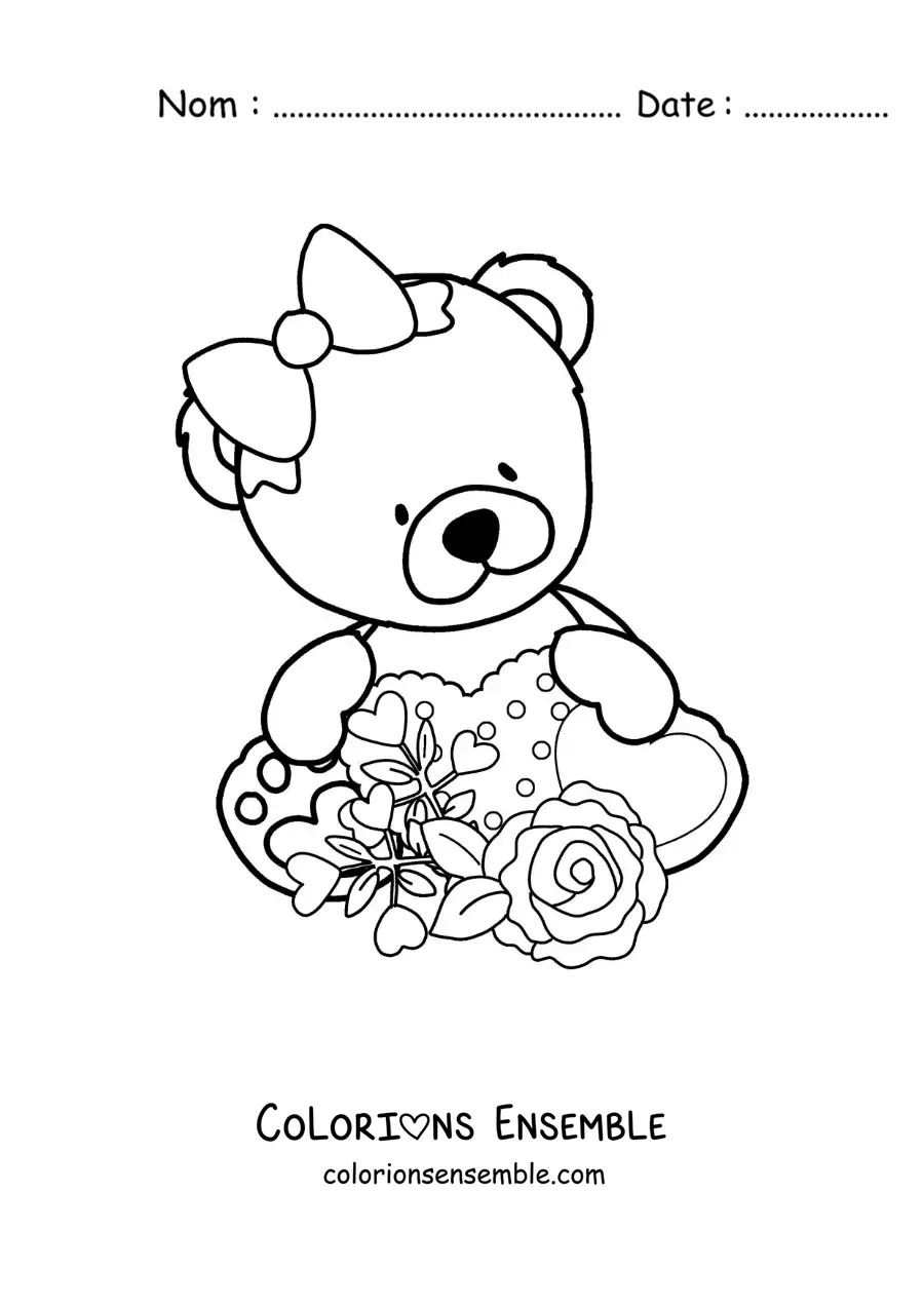 Image à colorier d'une ourse en peluche assise avec des fleurs et des cœurs