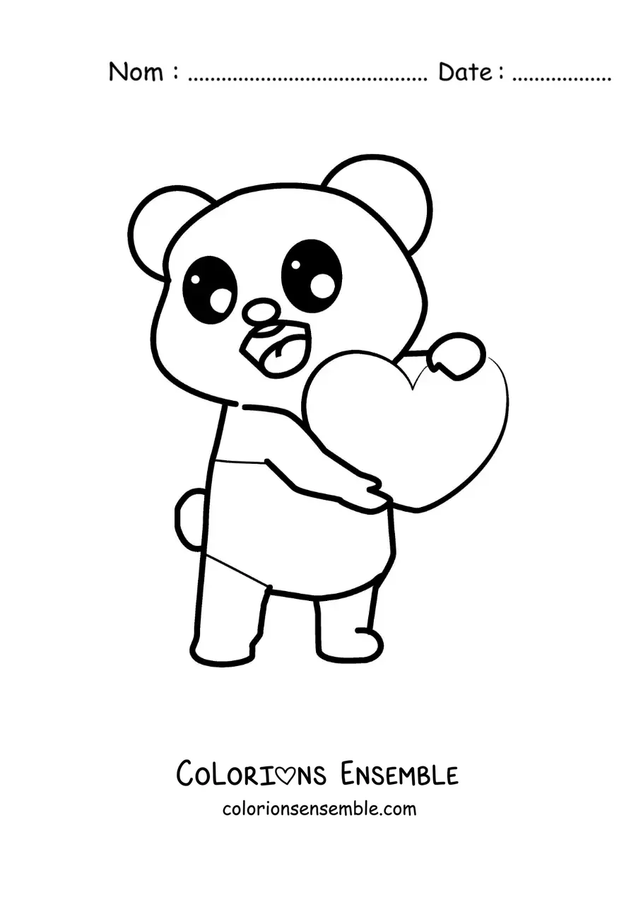 Image à colorier d'un ours kawaii tenant un cœur