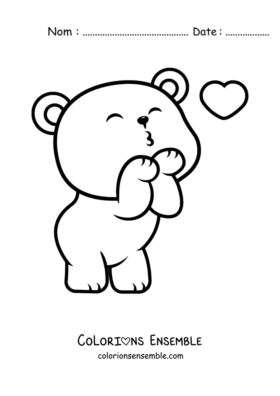 Image à colorier d'un ours animé envoyant un baiser