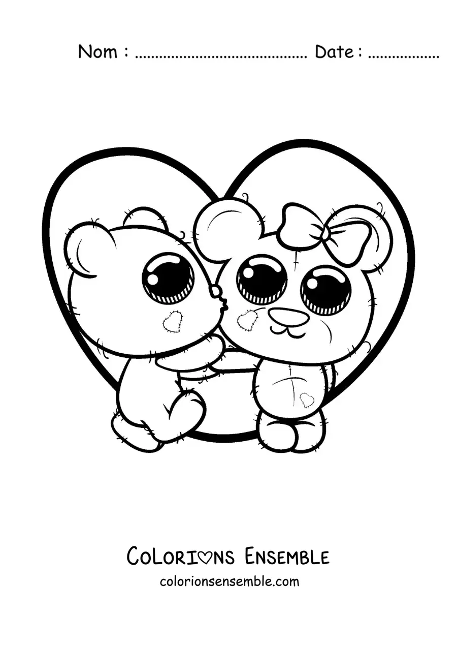 Image à colorier d'oursons kawaii en peluche amoureux avec un grand cœur