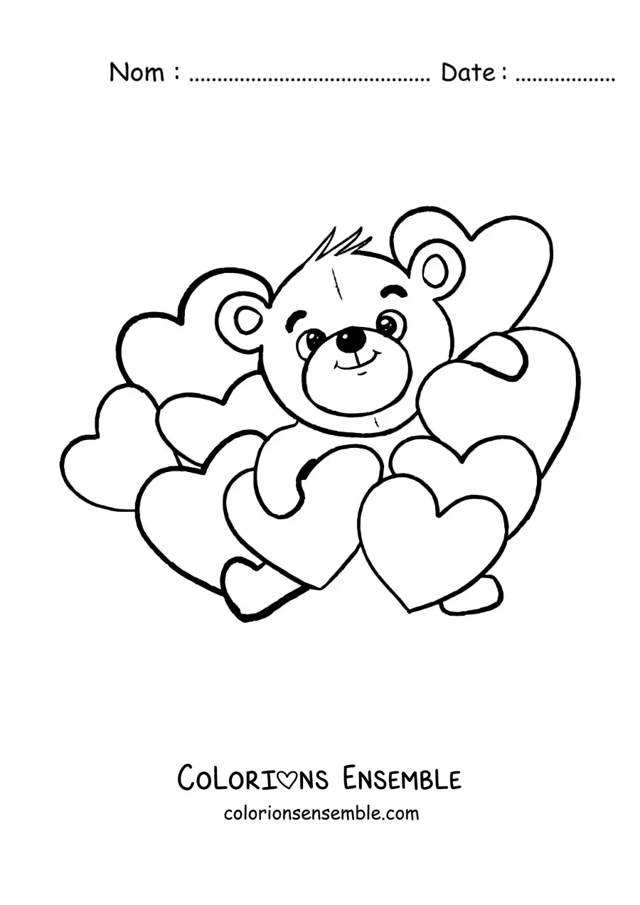 Image à colorier d'un petit ours entouré de cœurs