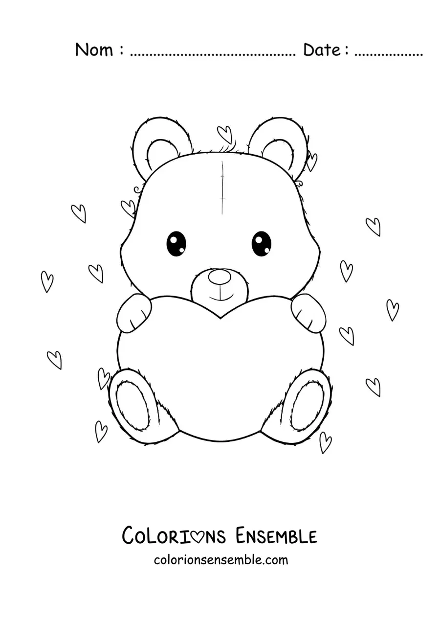 Image à colorier d'un ours affectueux assis avec un grand cœur