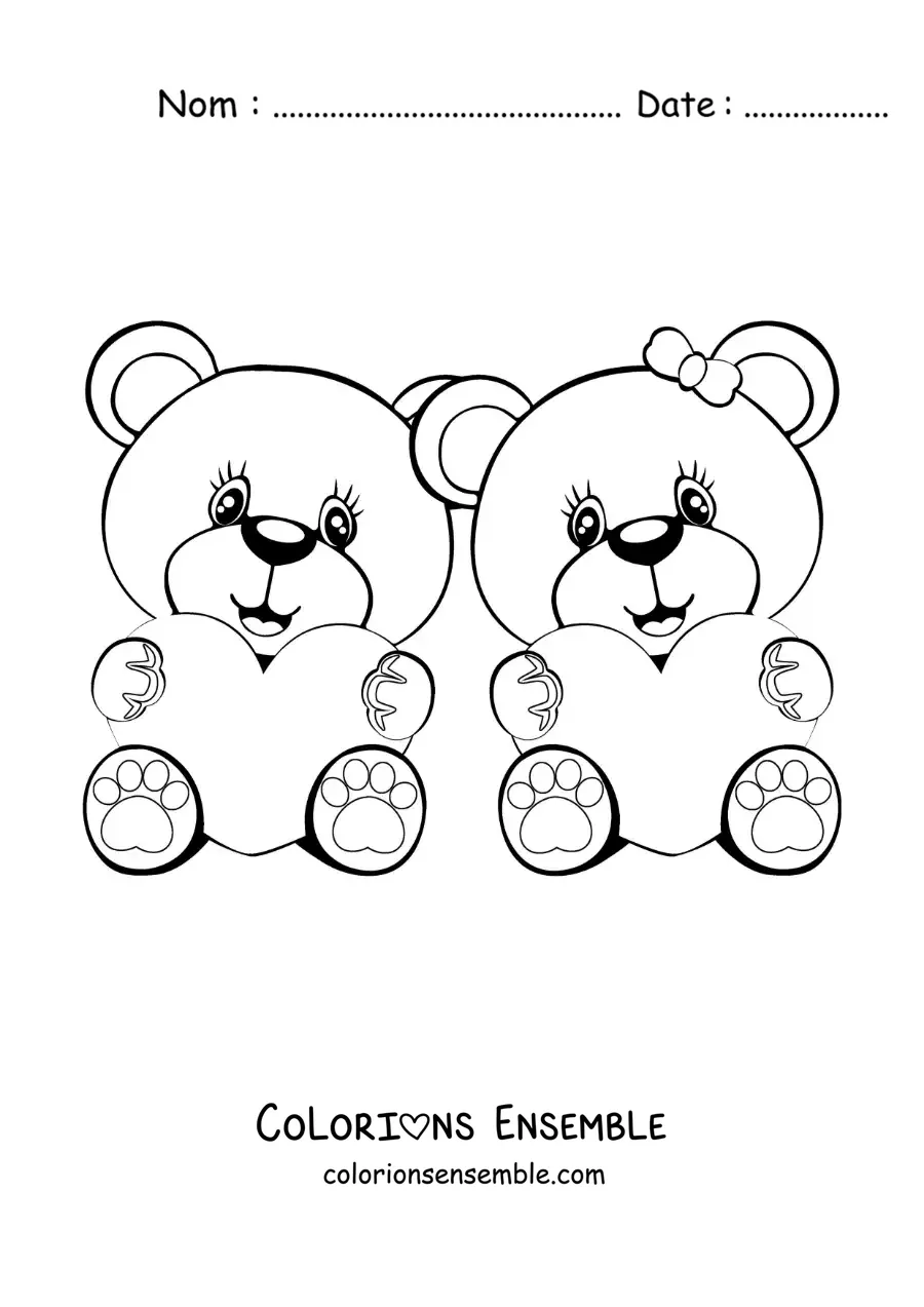 Image à colorier d'un couple d'ours amoureux assis avec des cœurs