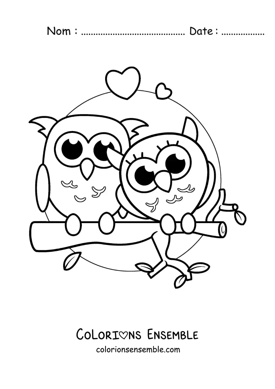Image à colorier d'un couple de chouettes kawaii amoureuses