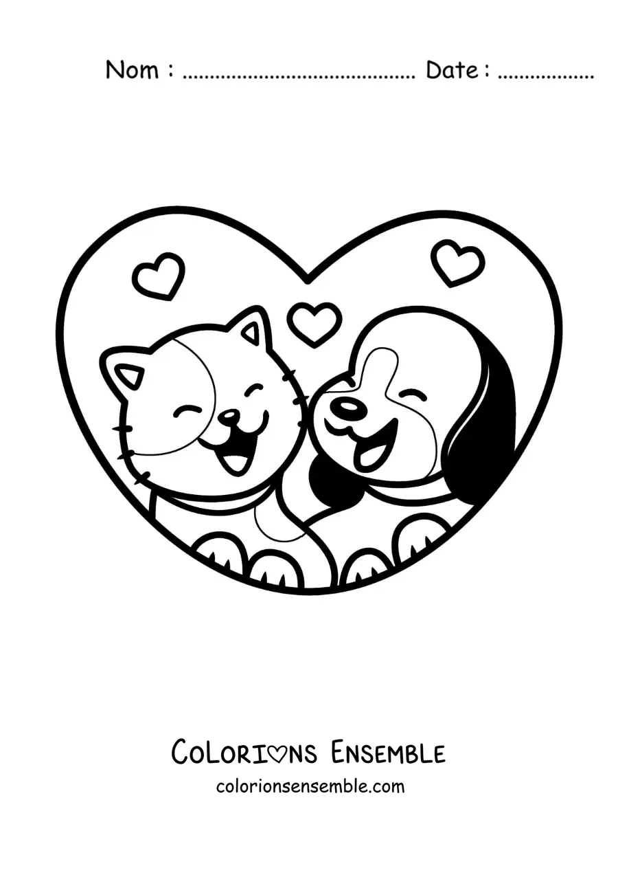 Image à colorier d'un ours et d'un chat kawaii amoureux dans un cœur