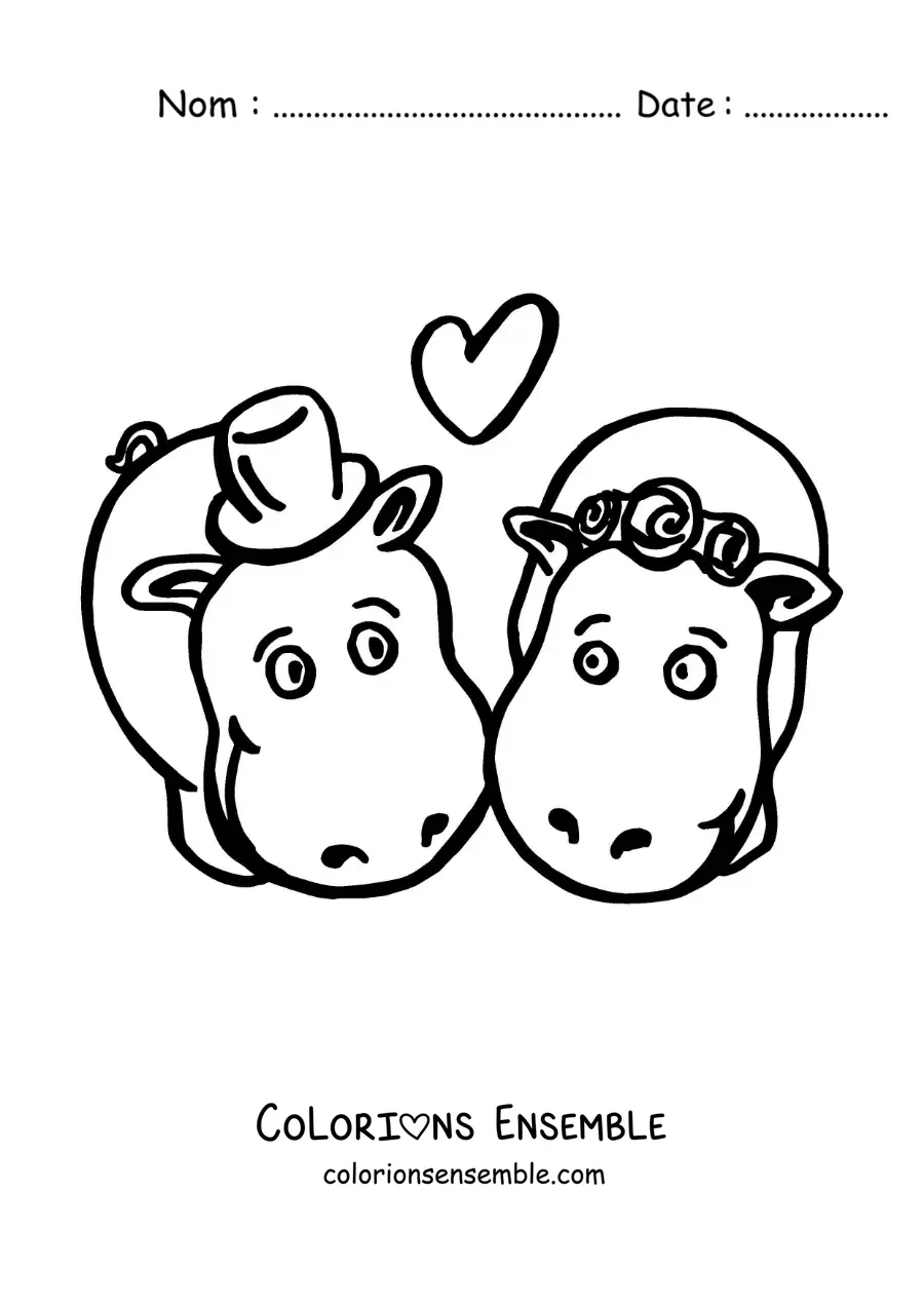 Image à colorier d'un couple d'hippopotames kawaii amoureux