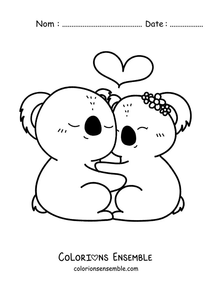 Image à colorier d'un couple de koalas kawaii amoureux