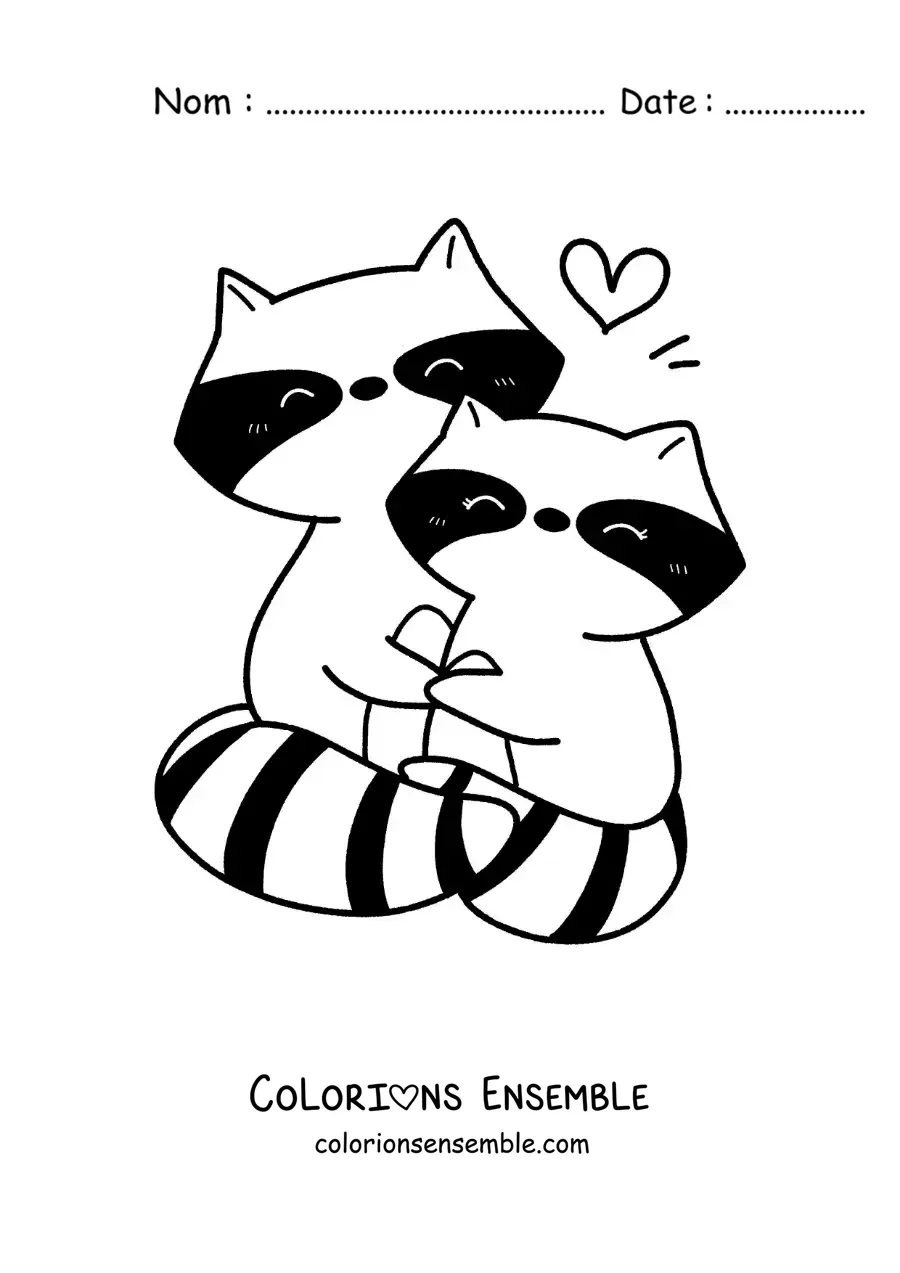Image à colorier d'un couple de ratons laveurs kawaii amoureux