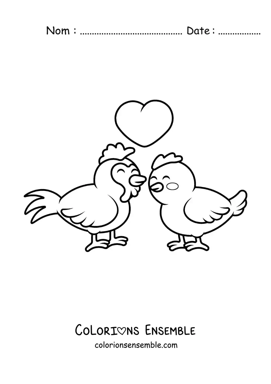 Image à colorier d'un couple de coq et poule kawaii amoureux