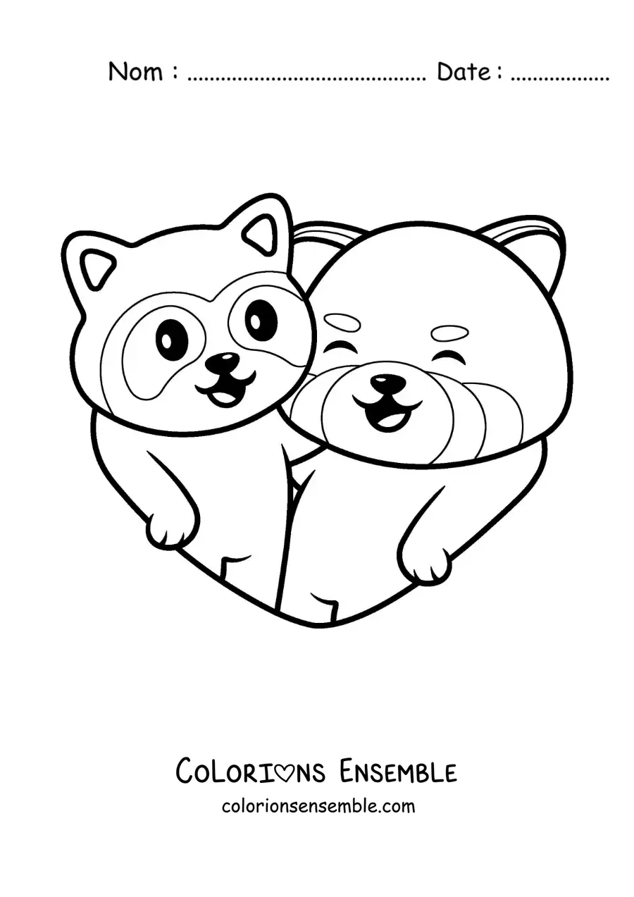 Image à colorier d'un couple de pandas roux animés amoureux