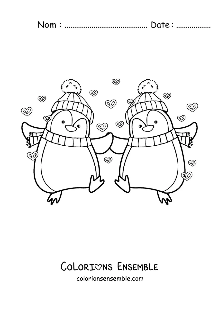 Image à colorier d'un couple de pingouins animés amoureux