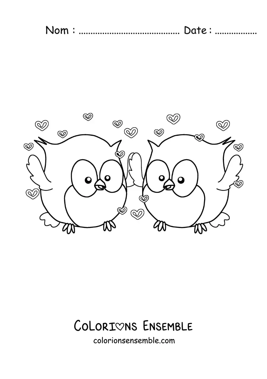 Image à colorier d'un couple de chouettes animées amoureuses