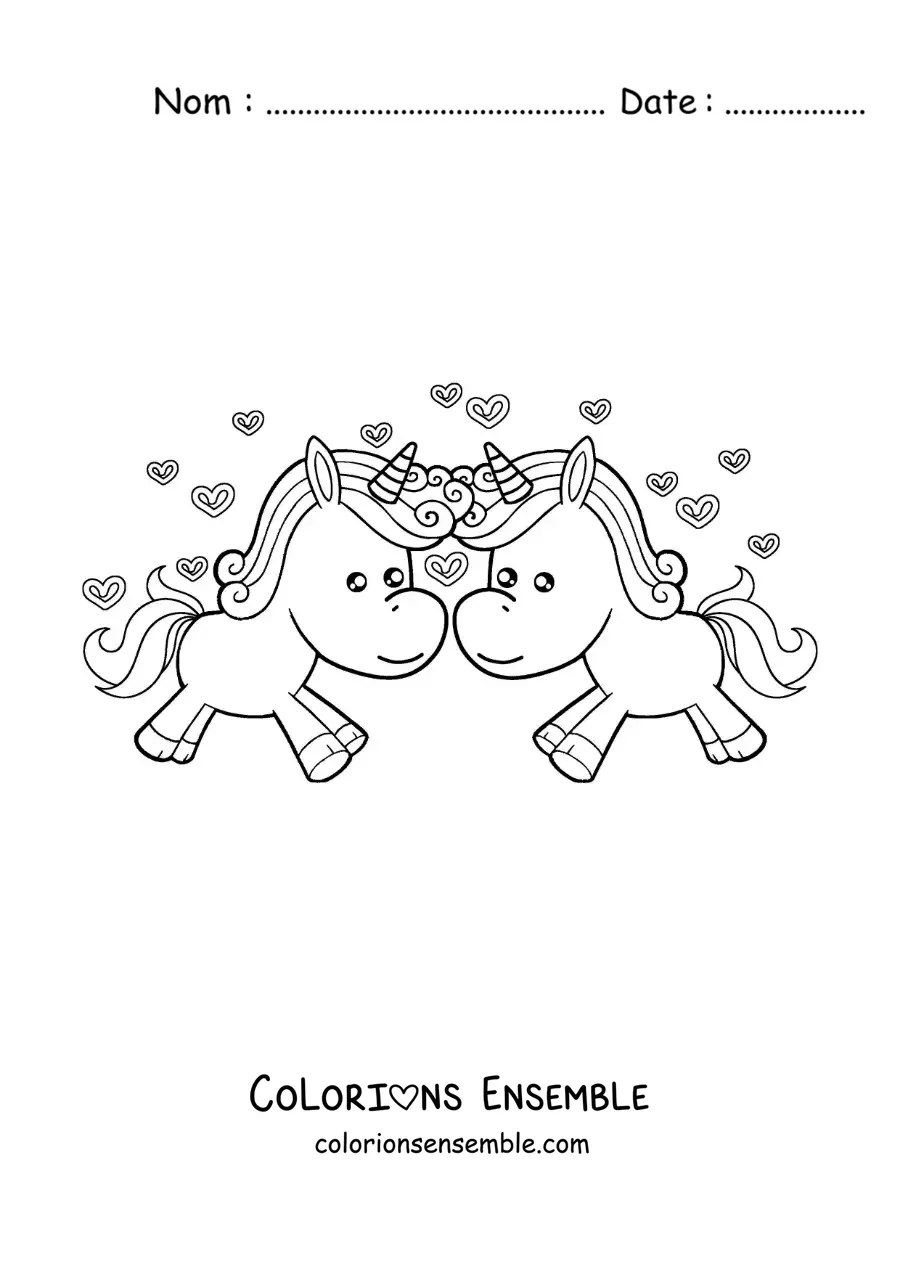 Image à colorier d'un couple de licornes animées amoureuses