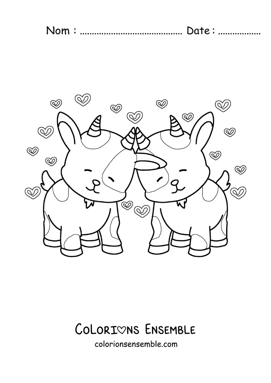 Image à colorier d'un couple de chèvres animées amoureuses
