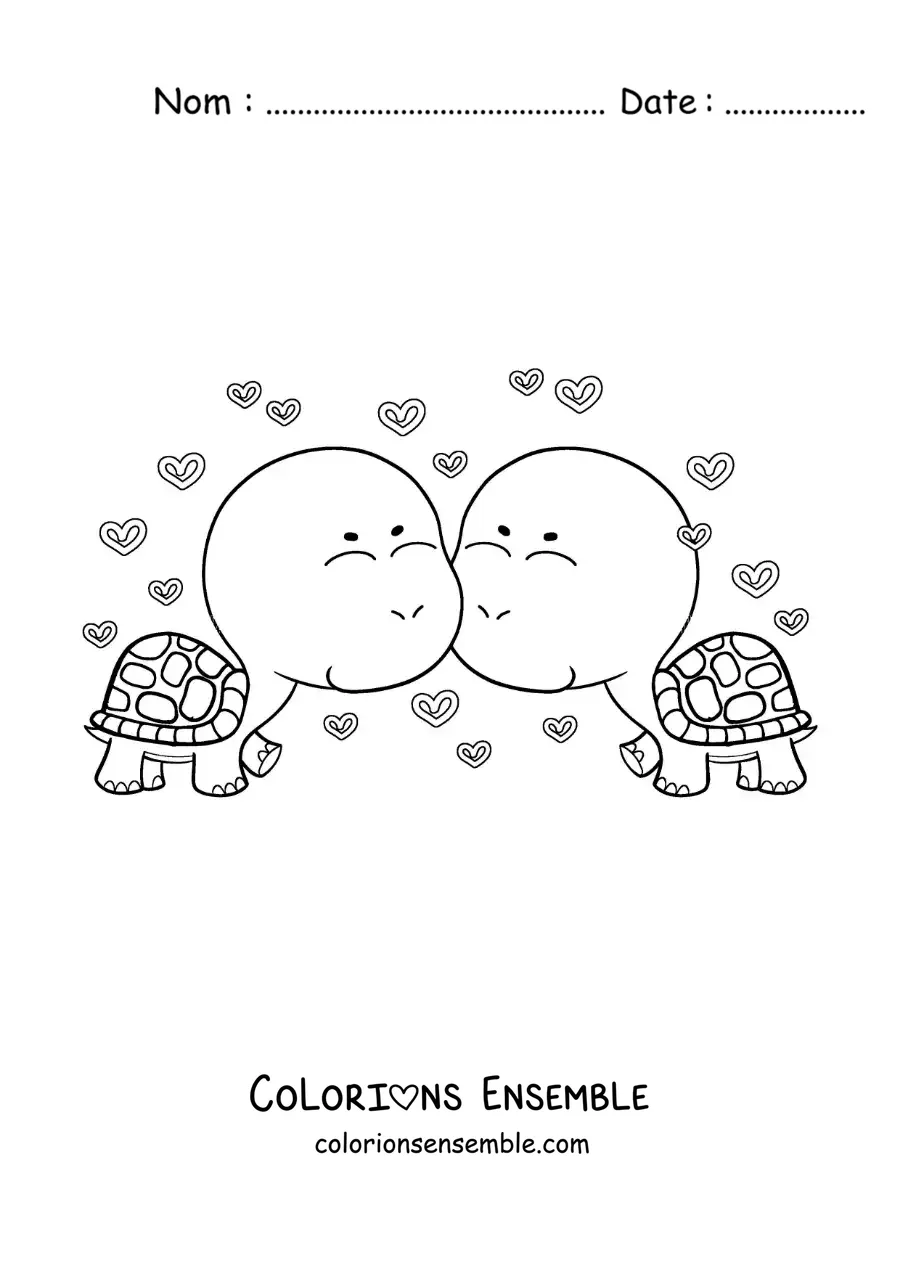 Image à colorier d'un couple de tortues animées amoureuses