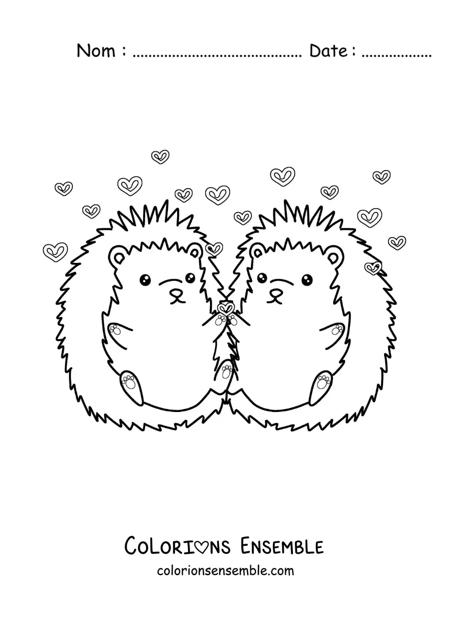 Image à colorier d'un couple de porcs-épics animés amoureux