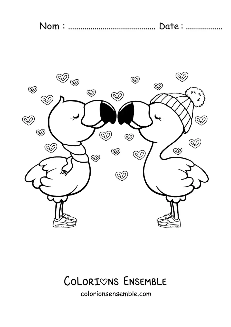 Image à colorier d'un couple de flamants roses animés amoureux