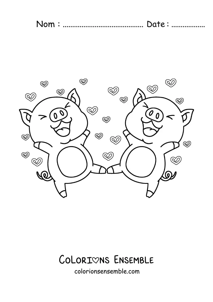 Image à colorier d'un couple de petits cochons animés amoureux