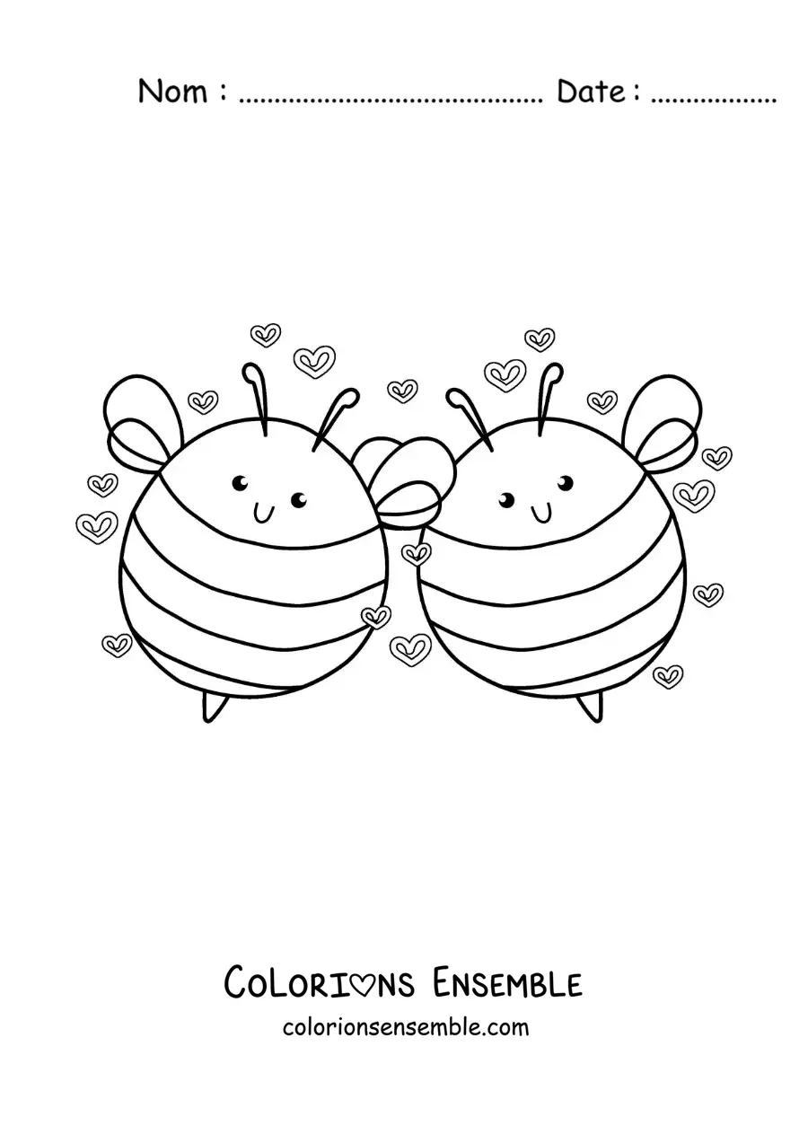 Image à colorier d'un couple d'abeilles animées amoureuses