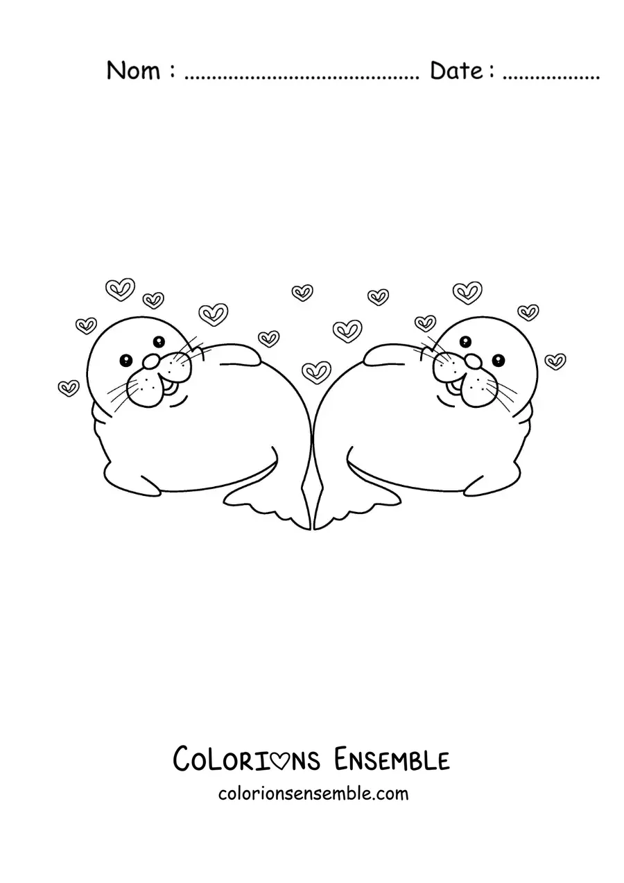 Image à colorier d'un couple de phoques animés amoureux