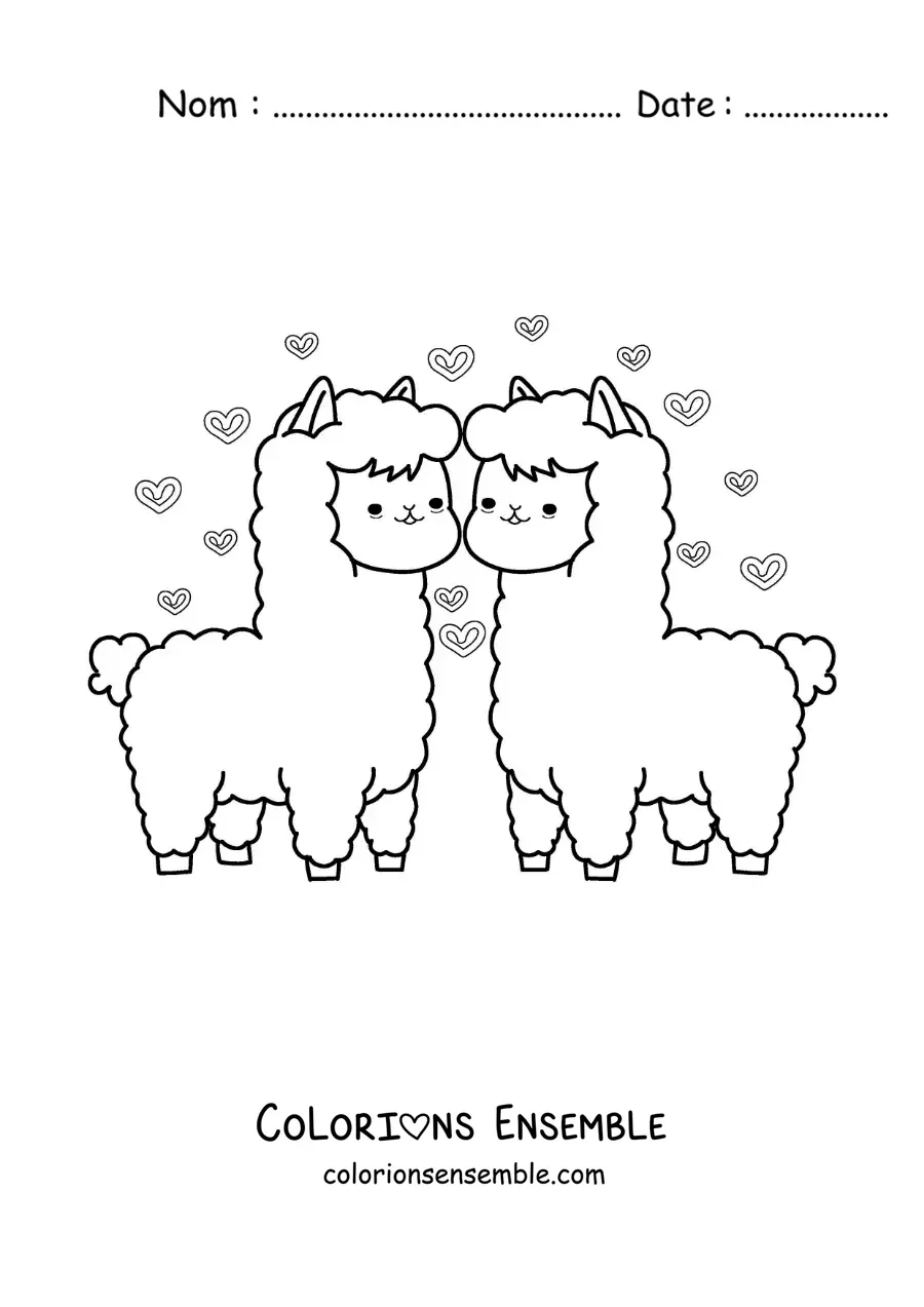 Image à colorier d'un couple d'alpagas animés amoureux