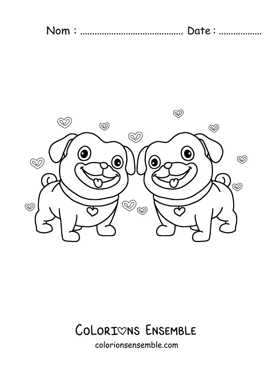 Image à colorier d'un couple de petits chiens animés amoureux