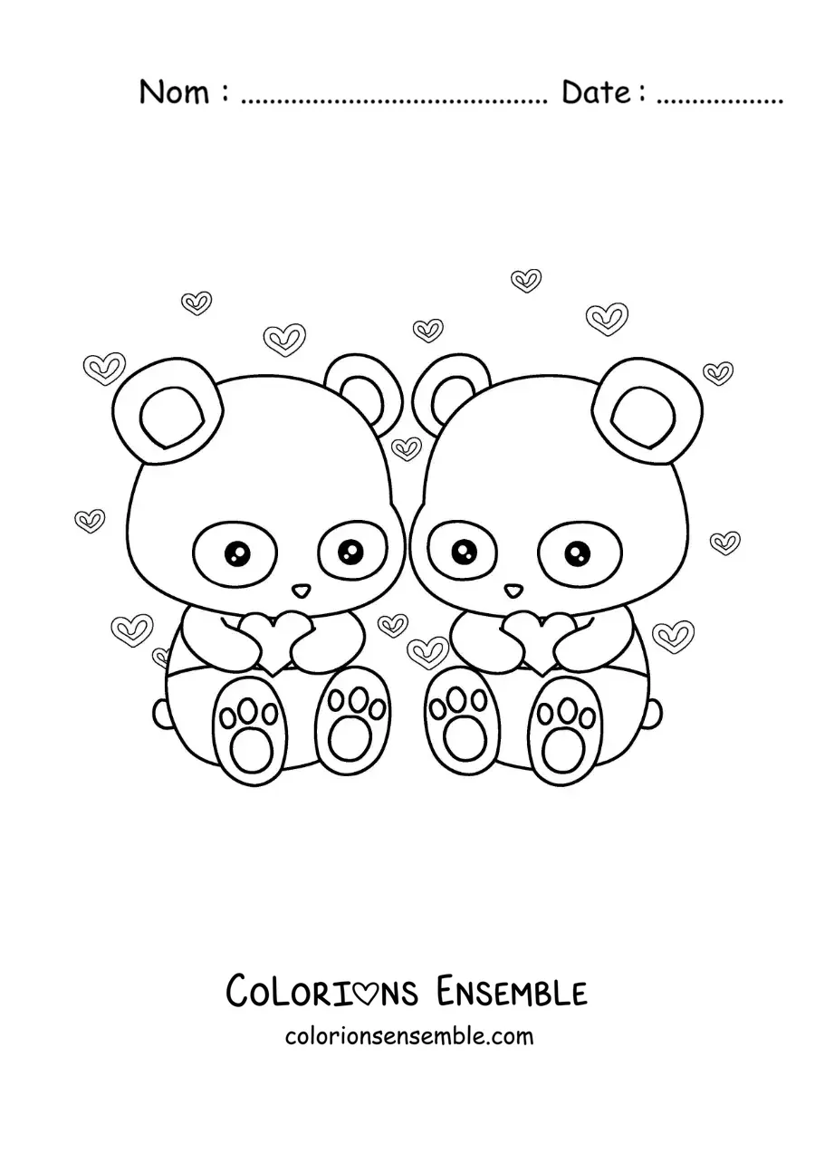 Image à colorier d'un couple de pandas animés amoureux