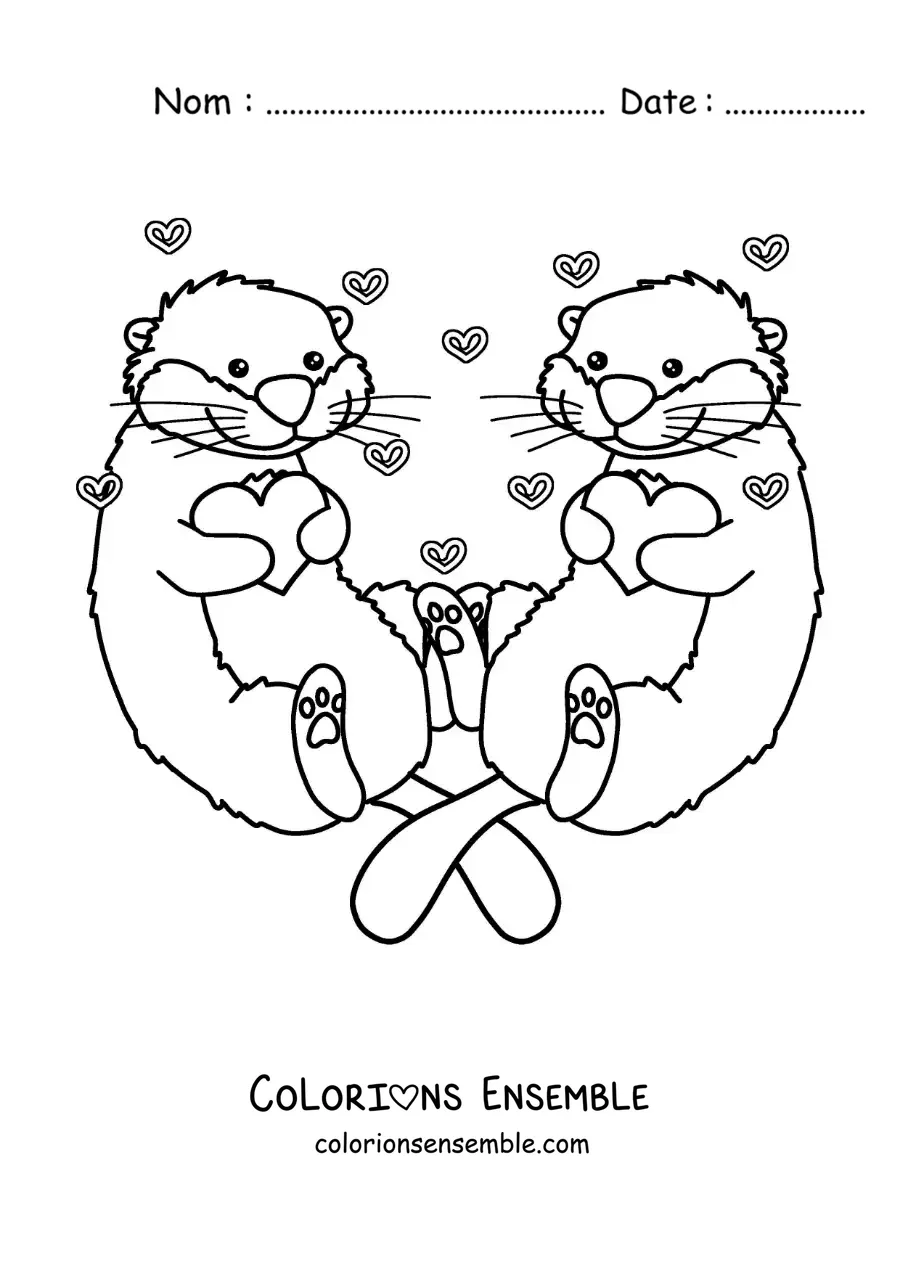Image à colorier d'un couple de loutres animées amoureuses