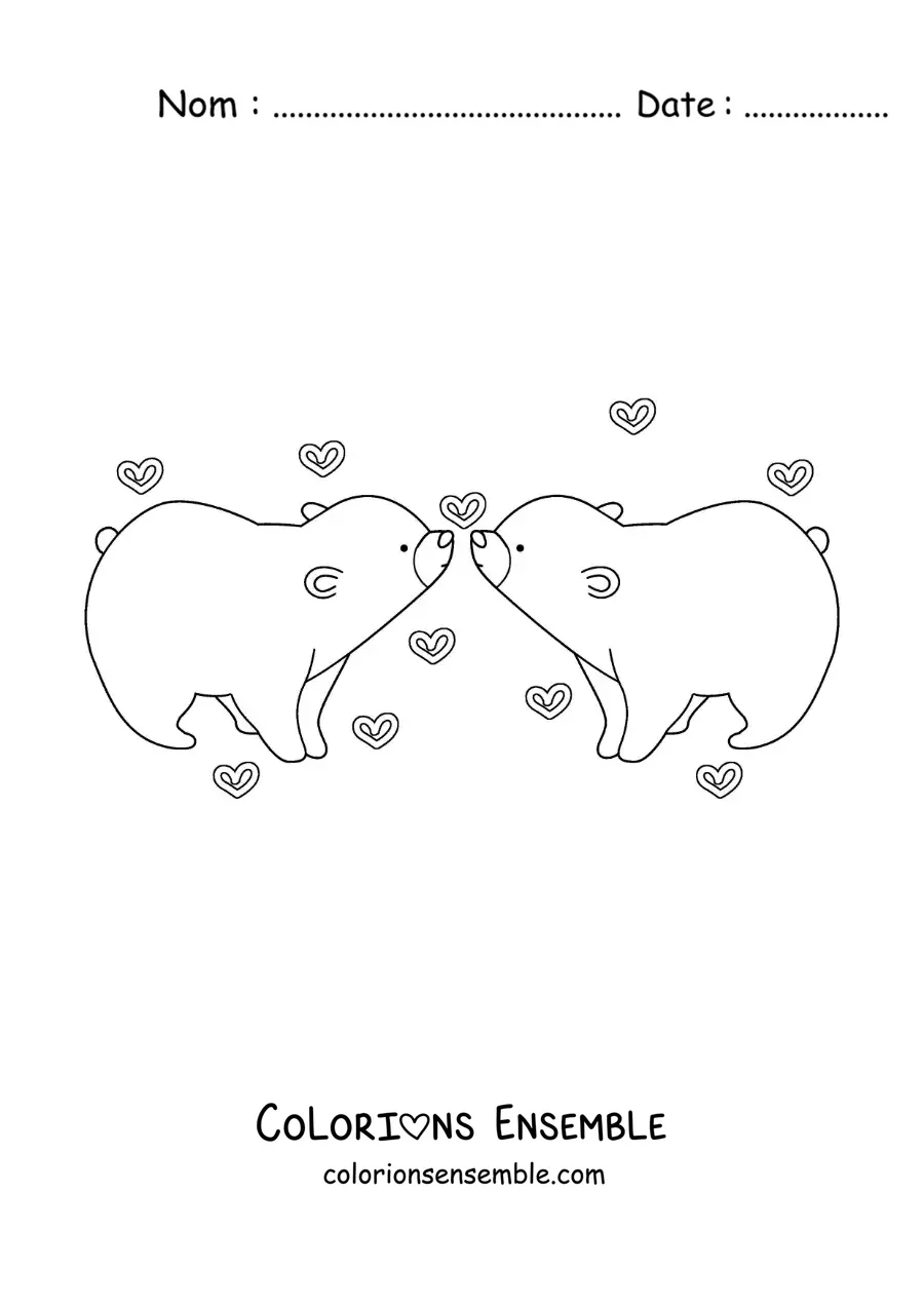 Image à colorier d'un couple d'ours animés amoureux