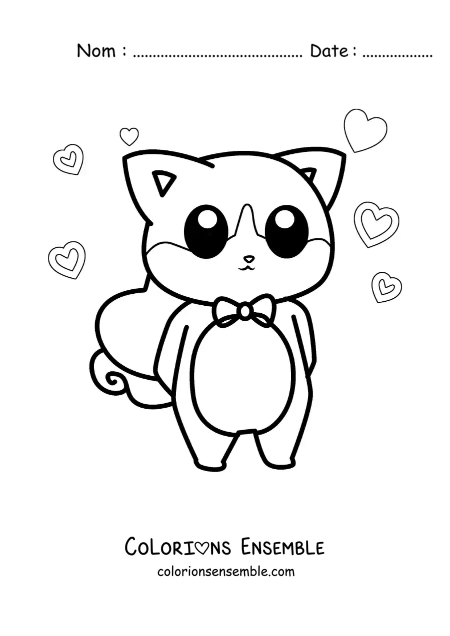 Image à colorier d'un chat kawaii élégant avec un cœur