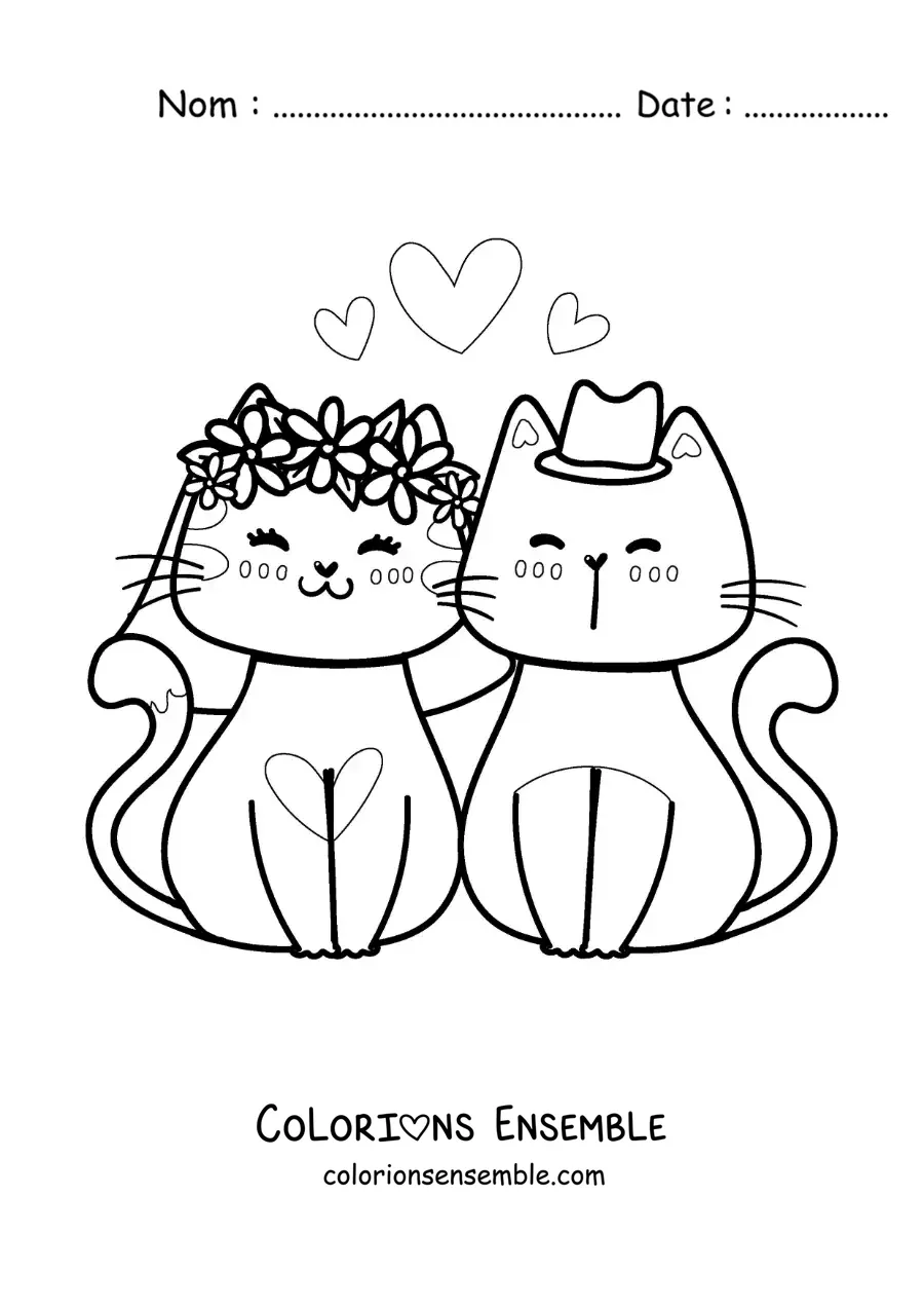 Image à colorier d'un mariage de chatons kawaii avec des cœurs