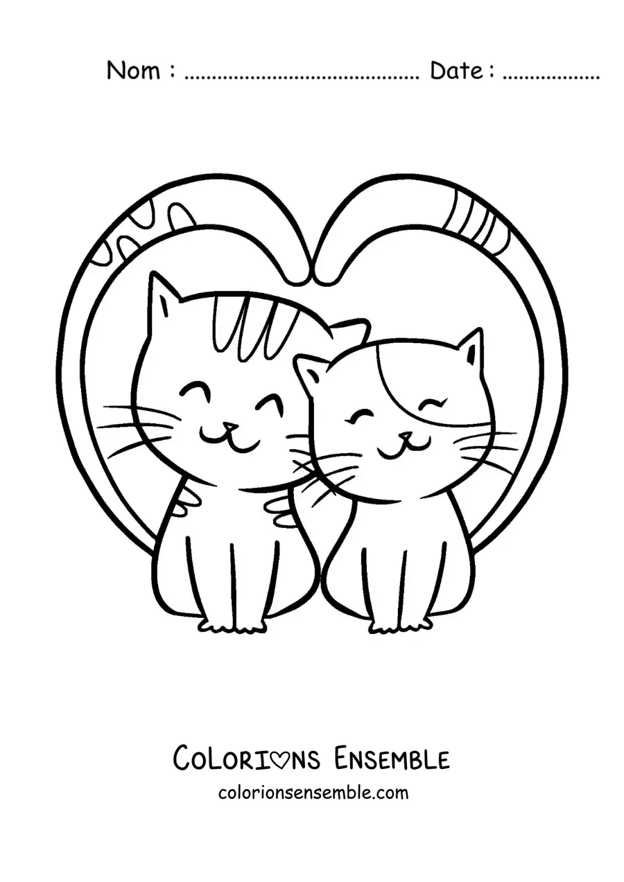Image à colorier de chats amoureux dont les queues forment un cœur