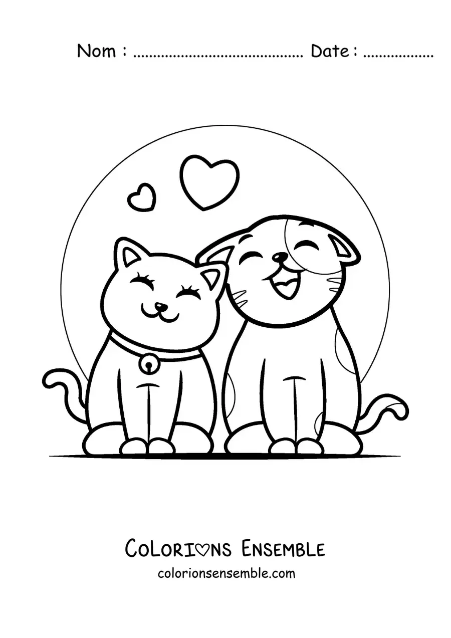 Image à colorier de chats amoureux qui miaulent avec des cœurs