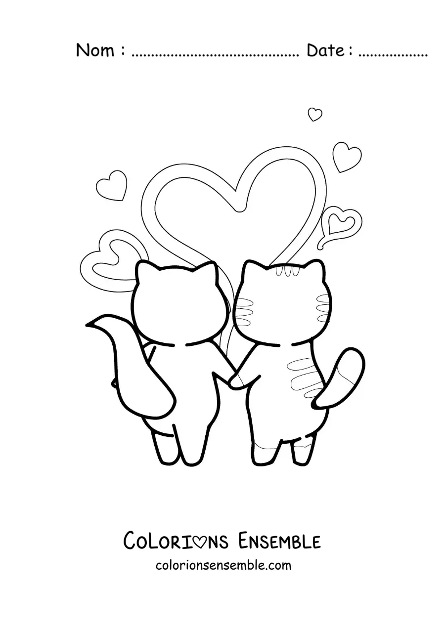 Image à colorier d'un couple de chatons se tenant les pattes avec des cœurs