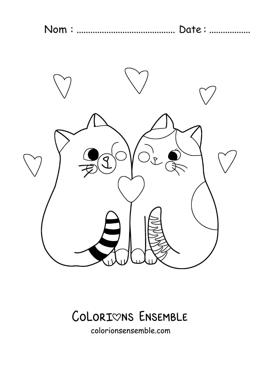 Image à colorier d'un couple de chatons animés amoureux réunis avec des cœurs
