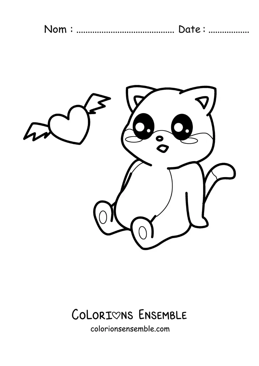 Image à colorier d'un chat kawaii animé assis avec un cœur ailé