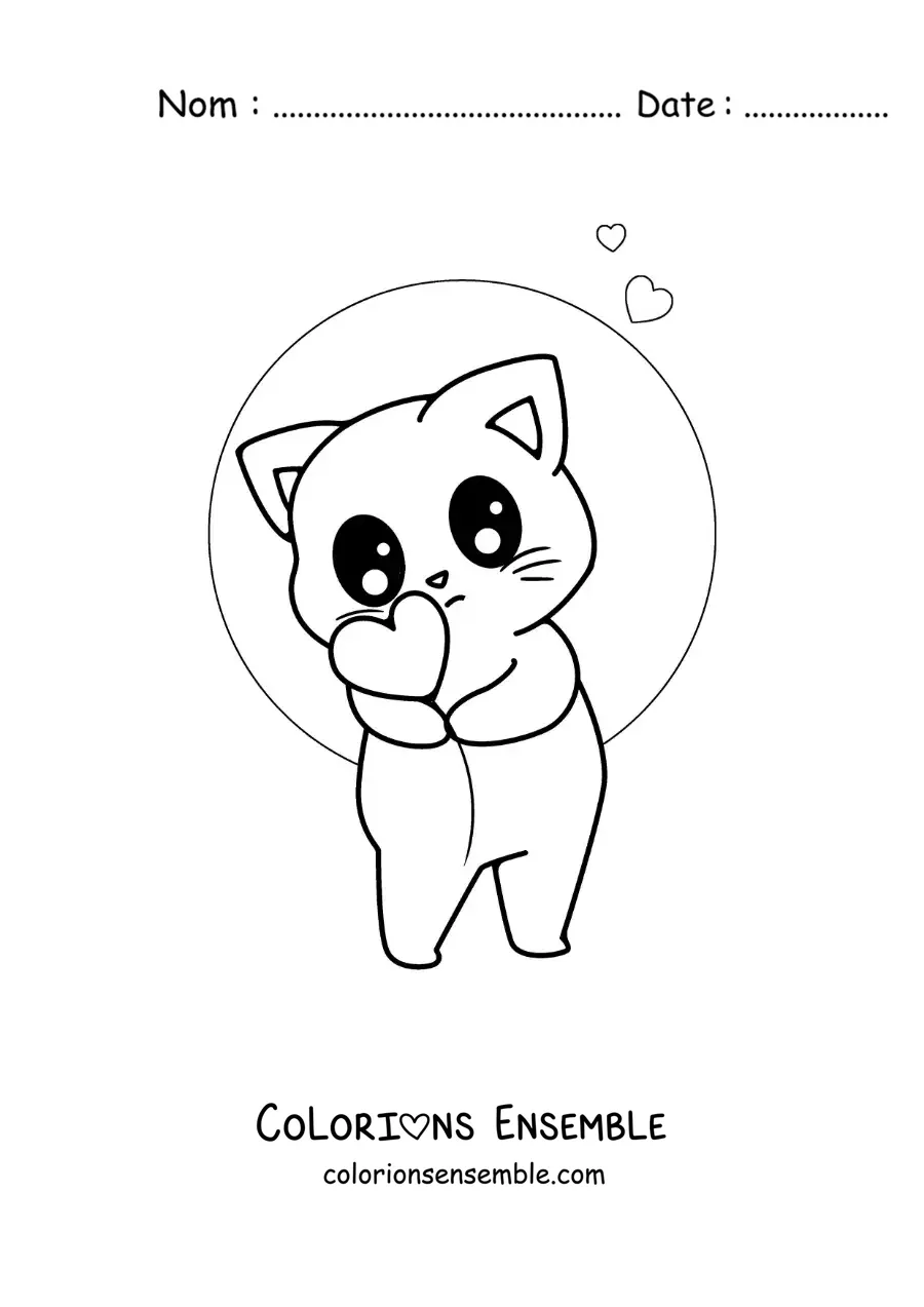 Image à colorier d'un chat kawaii animé avec un ballon en forme de cœur