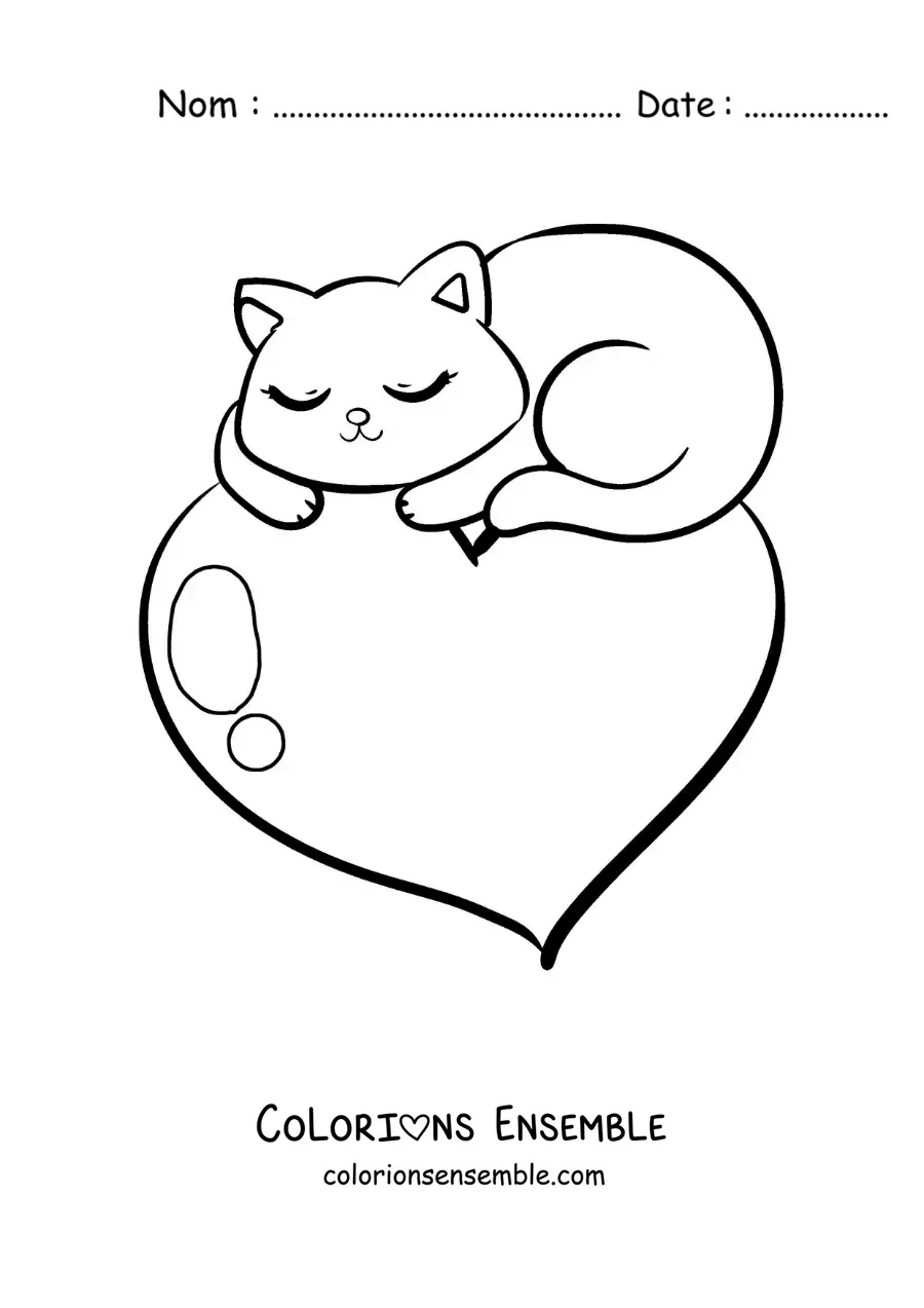 Image à colorier d'un mignon chaton qui dort sur un cœur