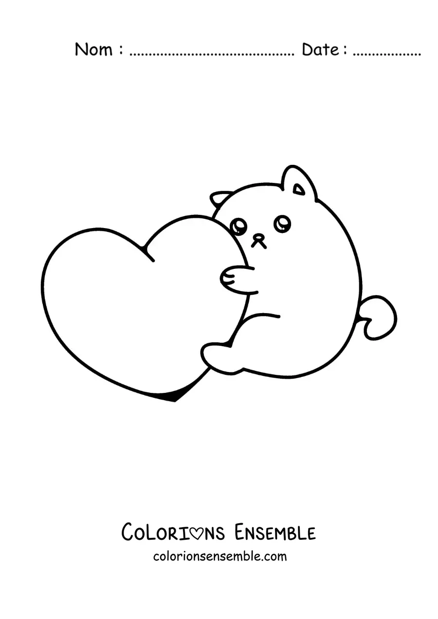 Image à colorier d'un mignon chaton étreignant un cœur