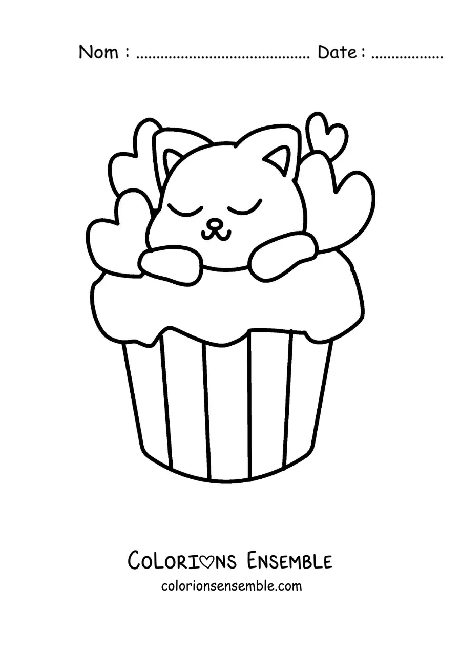 Image à colorier d'un tendre chat qui dort sur un cupcake de cœurs