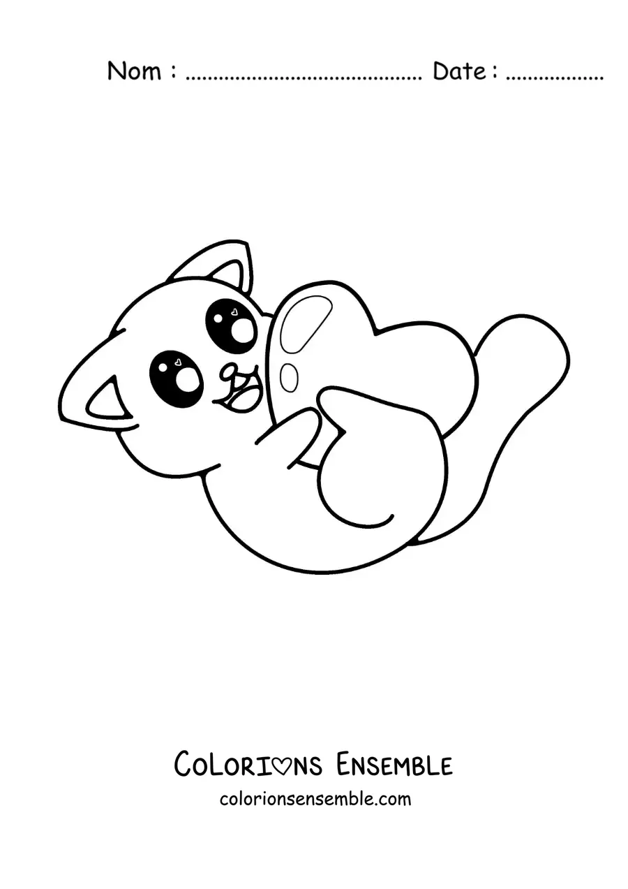 Image à colorier d'un chat kawaii qui joue avec un cœur