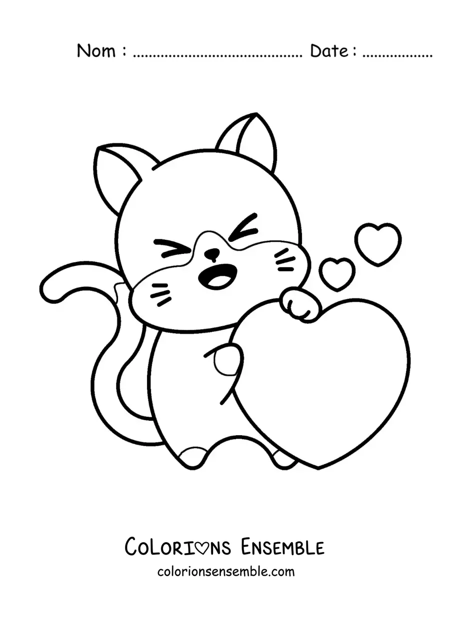 Image à colorier d'un chat kawaii avec un grand cœur