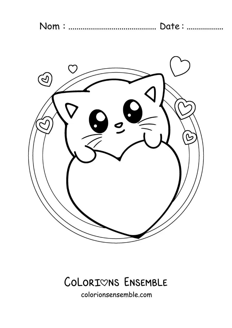 Image à colorier d'un tendre chat kawaii entouré de coeurs de la Saint-Valentin