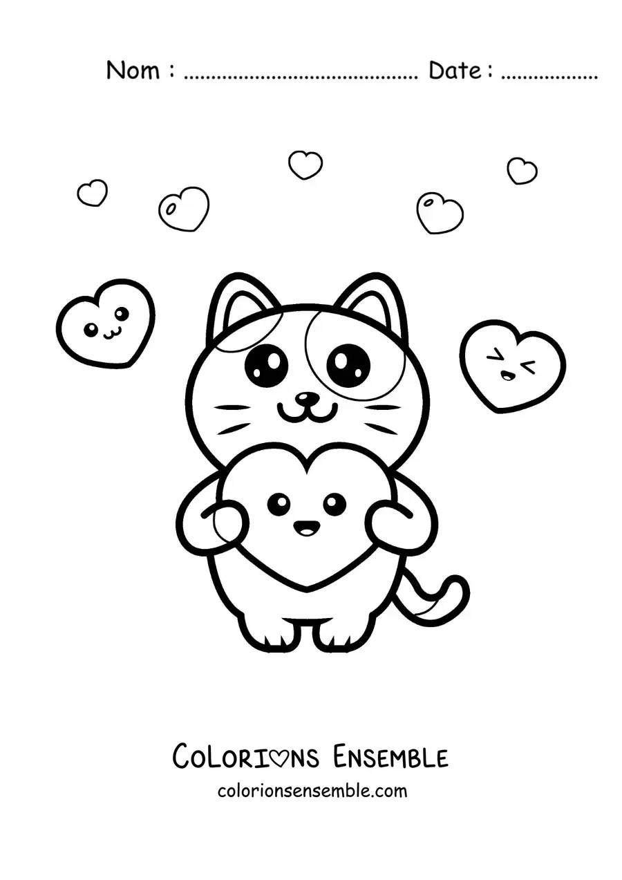 Image à colorier d'un tendre chat tout mignon avec des coeurs kawaii