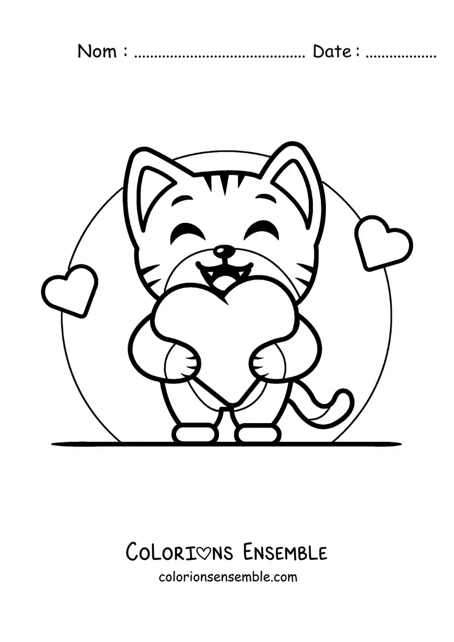 Image à colorier d'un chat tout mignon avec des coeurs
